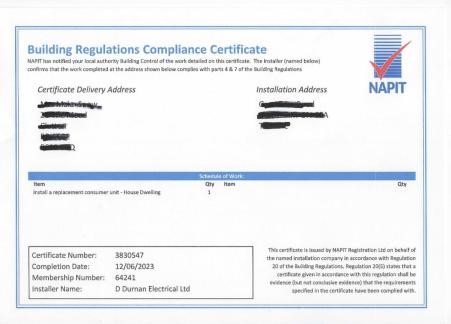 Building Regulations Compliance Certificate